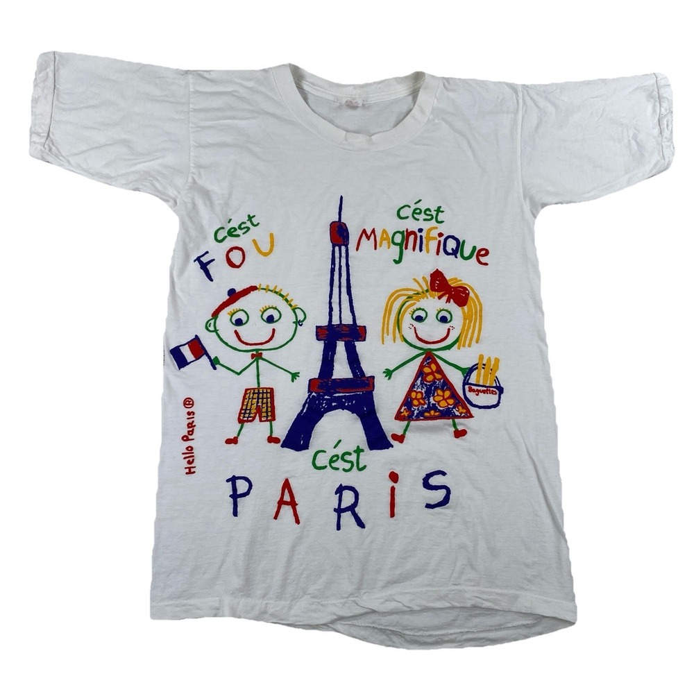 Vintage Danny First Hello Paris T-Shirt White Single Stitch Size Medium